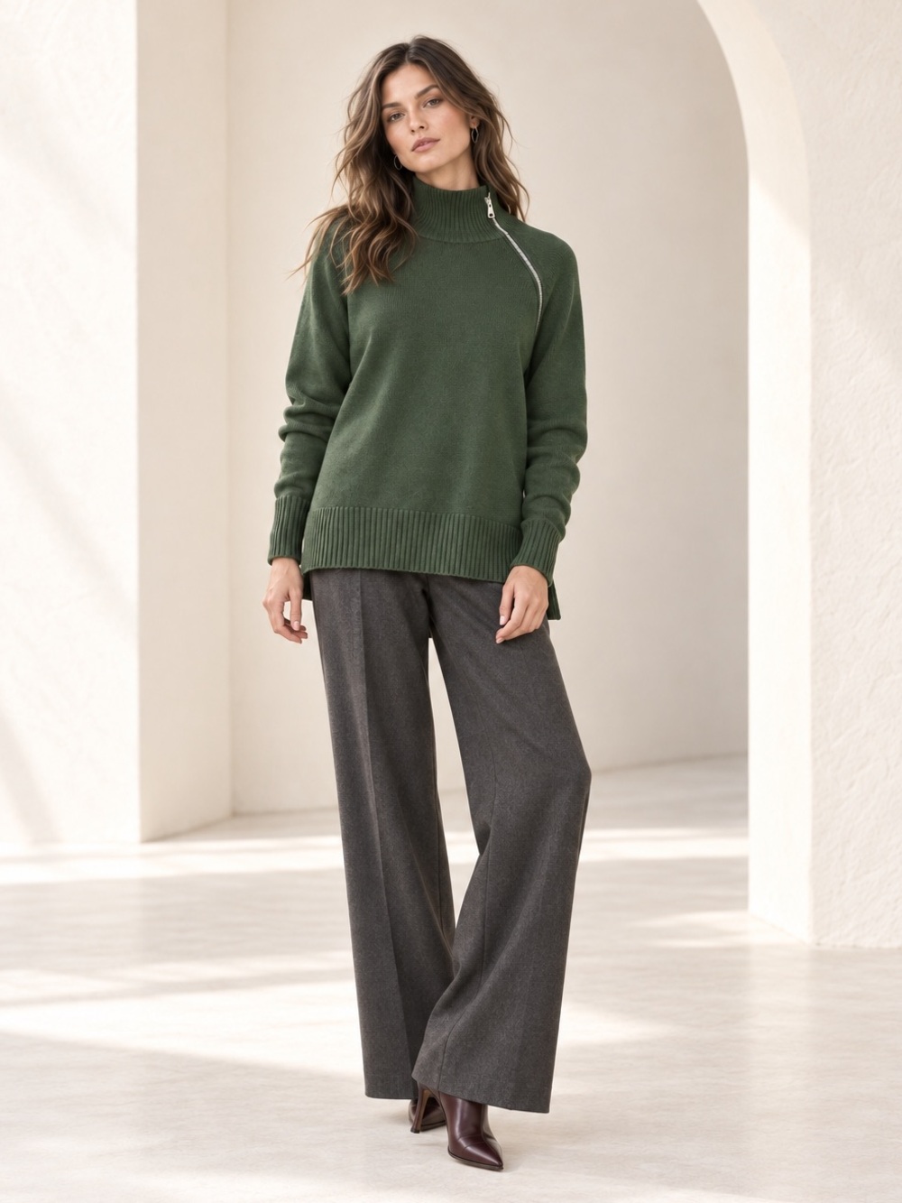 Soia & Kyo Mock Zip Knit Sweater Minimalist Evergreen Sz M